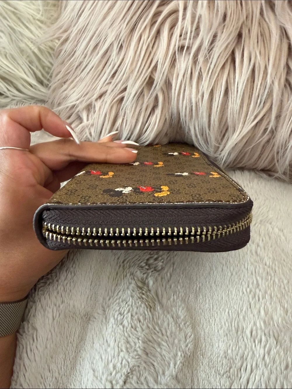 Designer-Style Brown Wallet with Red & Yellow Mickey Motif